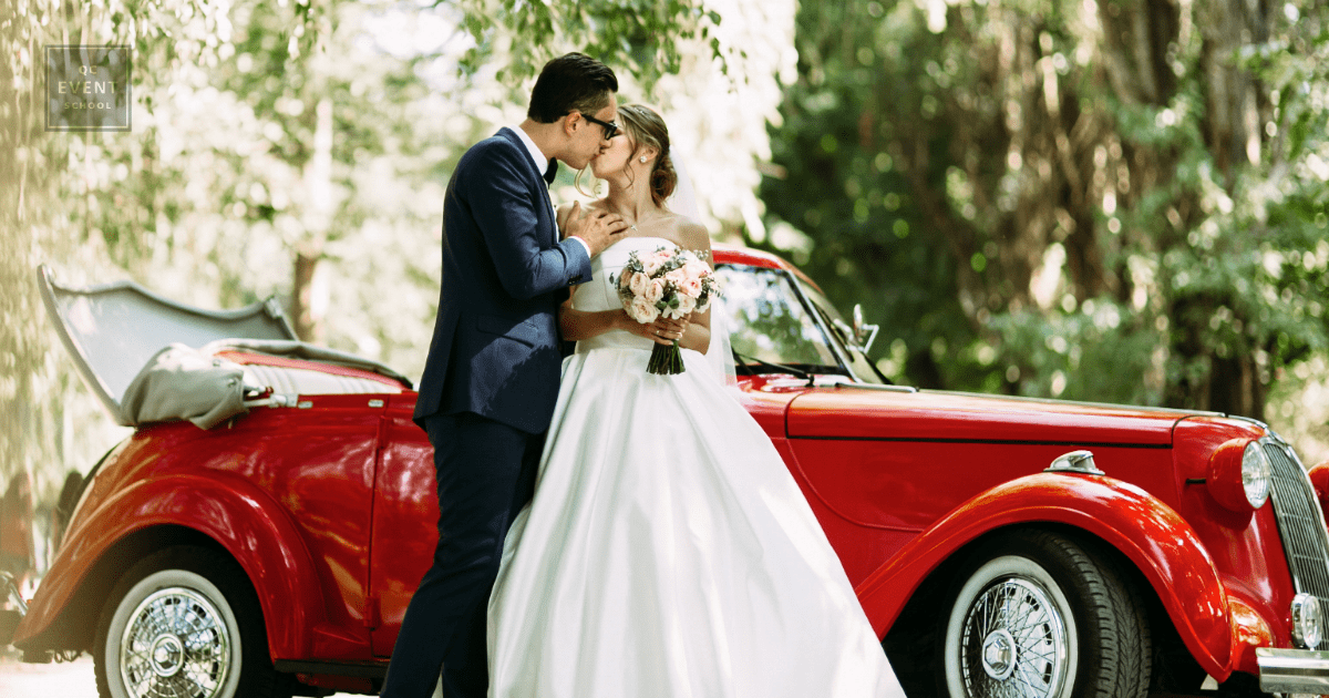 bride and groom kissing on front of car for destination wedding planning portfolio